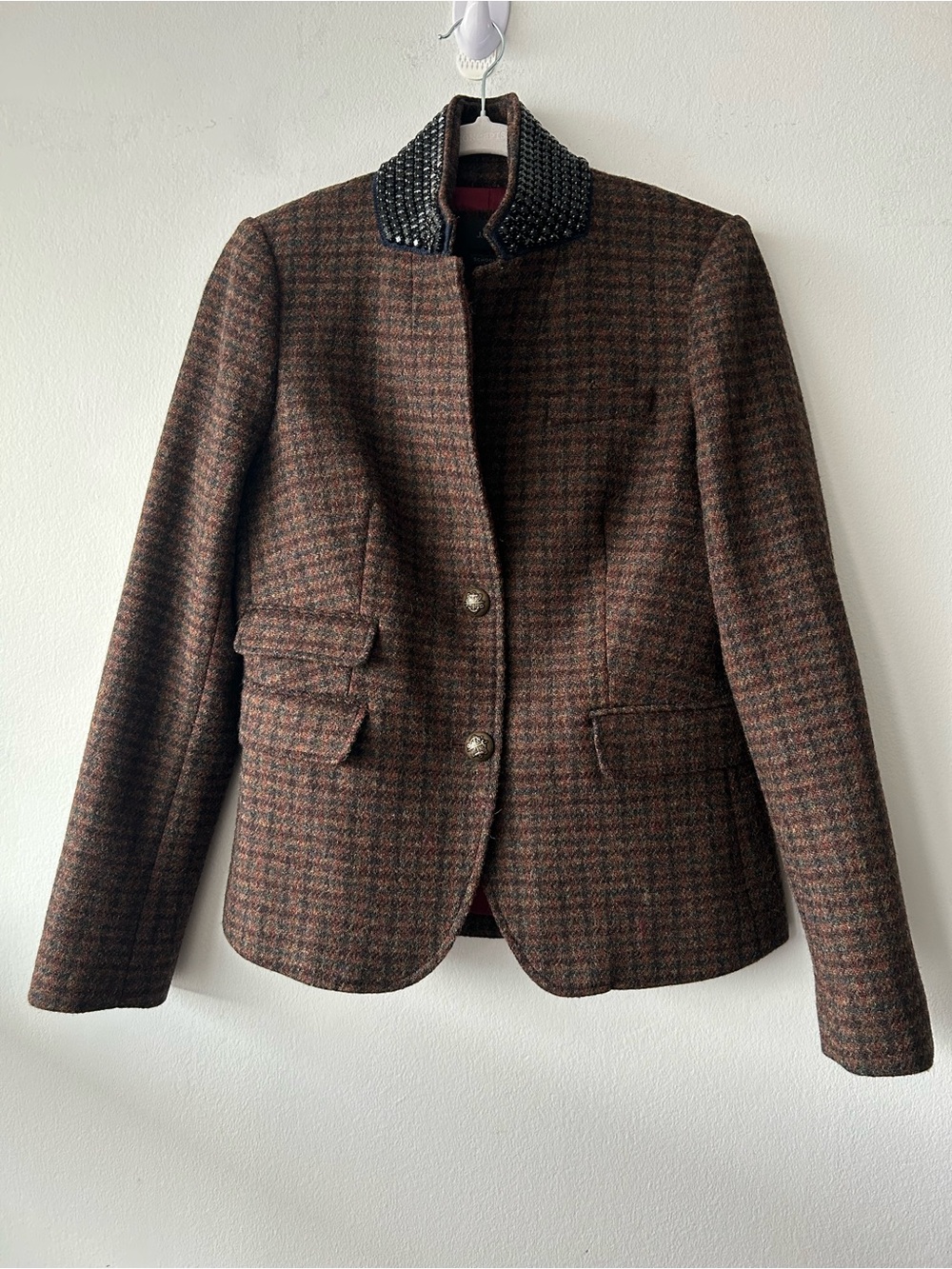 Wool Houndstooth Jacket with Embellished Collar - Brown
